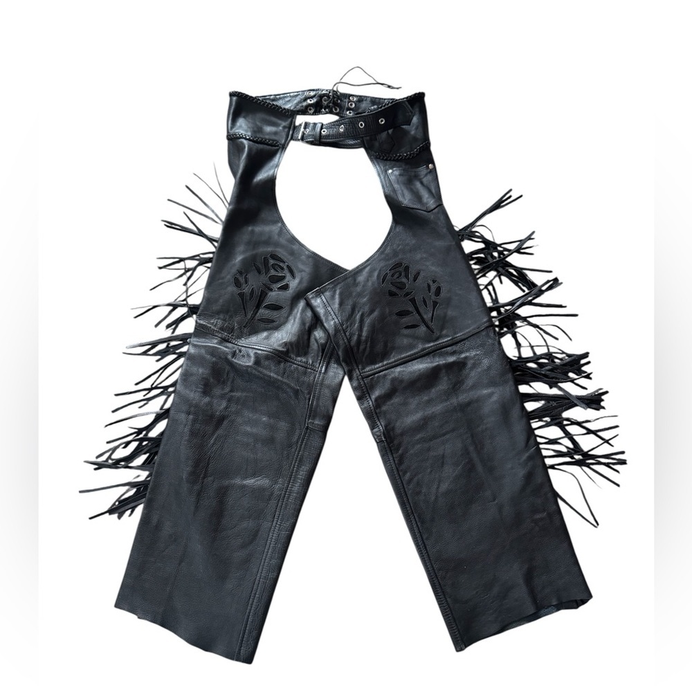 Vintage Chicago Blues Black Leather Fringe Motorcycle Chaps Women’s XL Rose